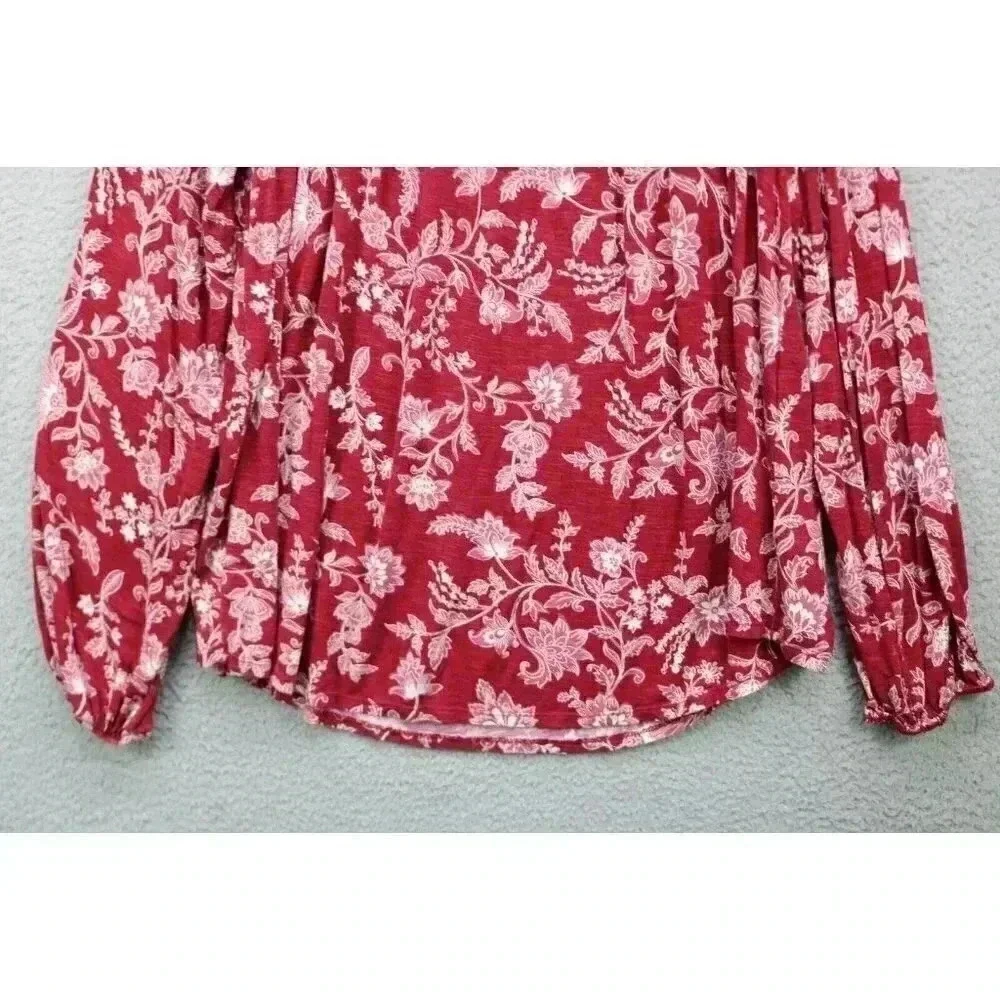 Knox Rose Burgundy Floral Tunic-Size XXL-Long Puff Sleeves-Smocked
